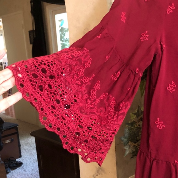 Women's Burgundy Red peasant Embroidered Top - Picture 3 of 5